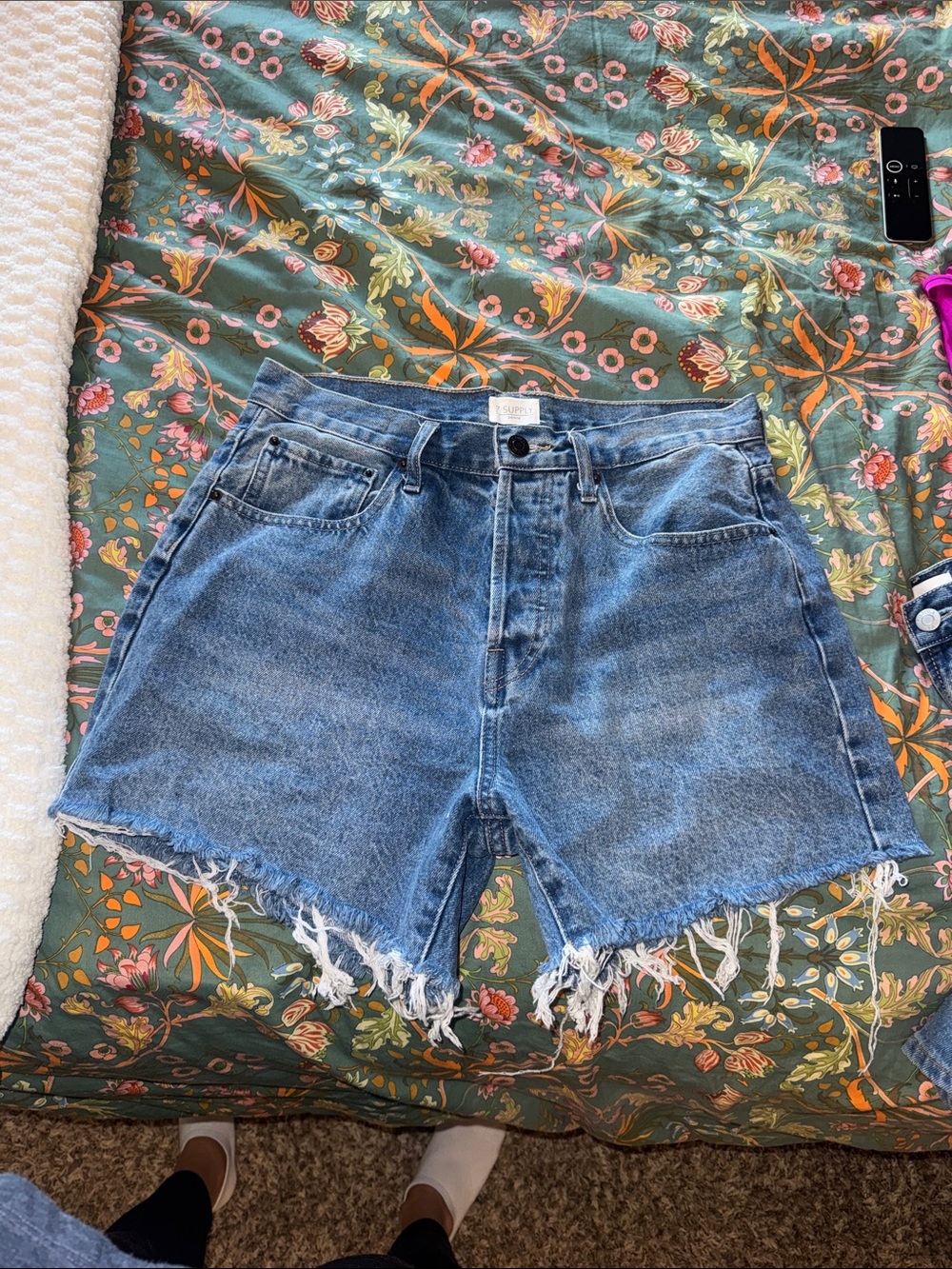 High-Rise Frayed Hem Blue Denim Shorts